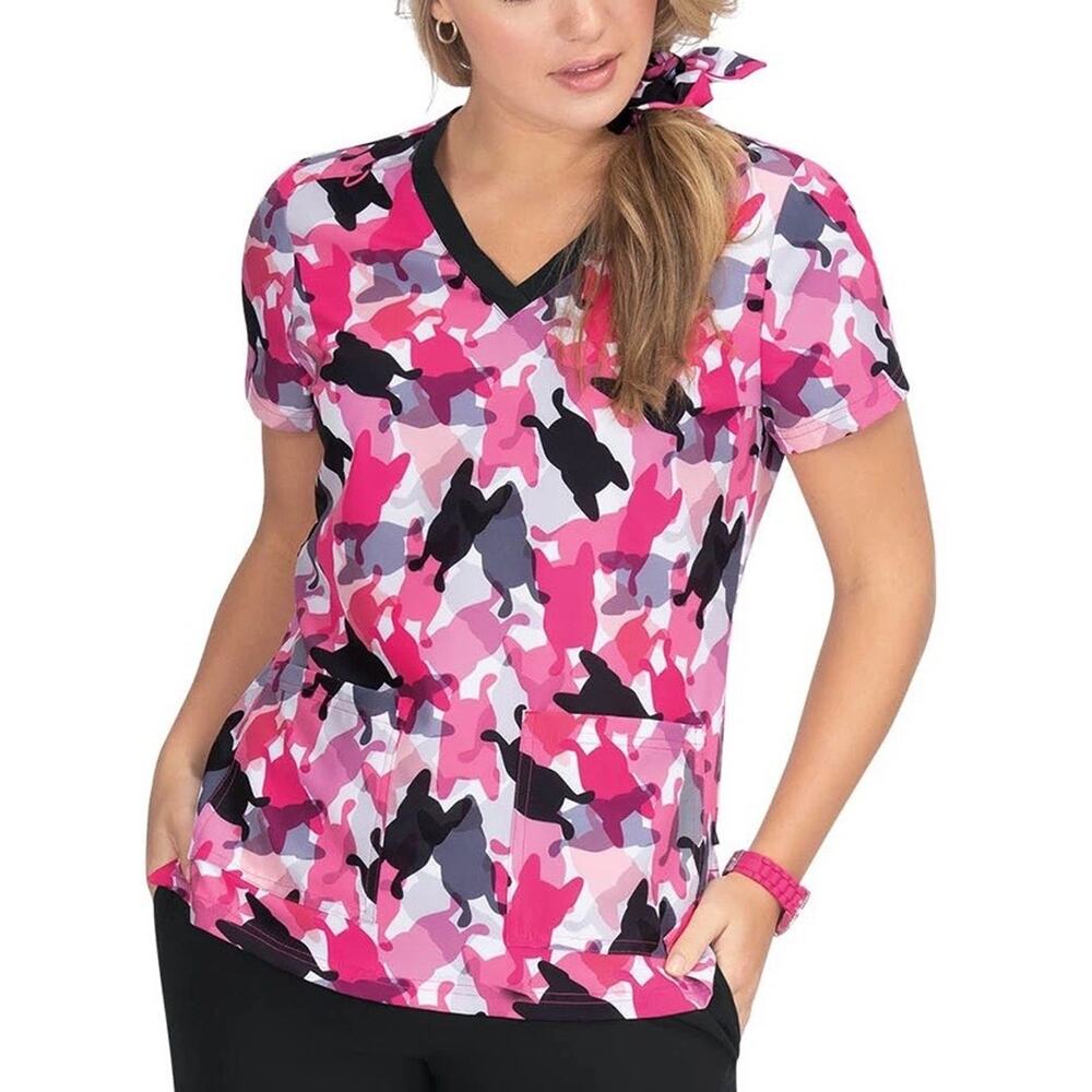 French Bull by Koi Lulu XL Dog Print Camo Frenchie Scrub Top Pink V-Neck - Picture 2 of 8